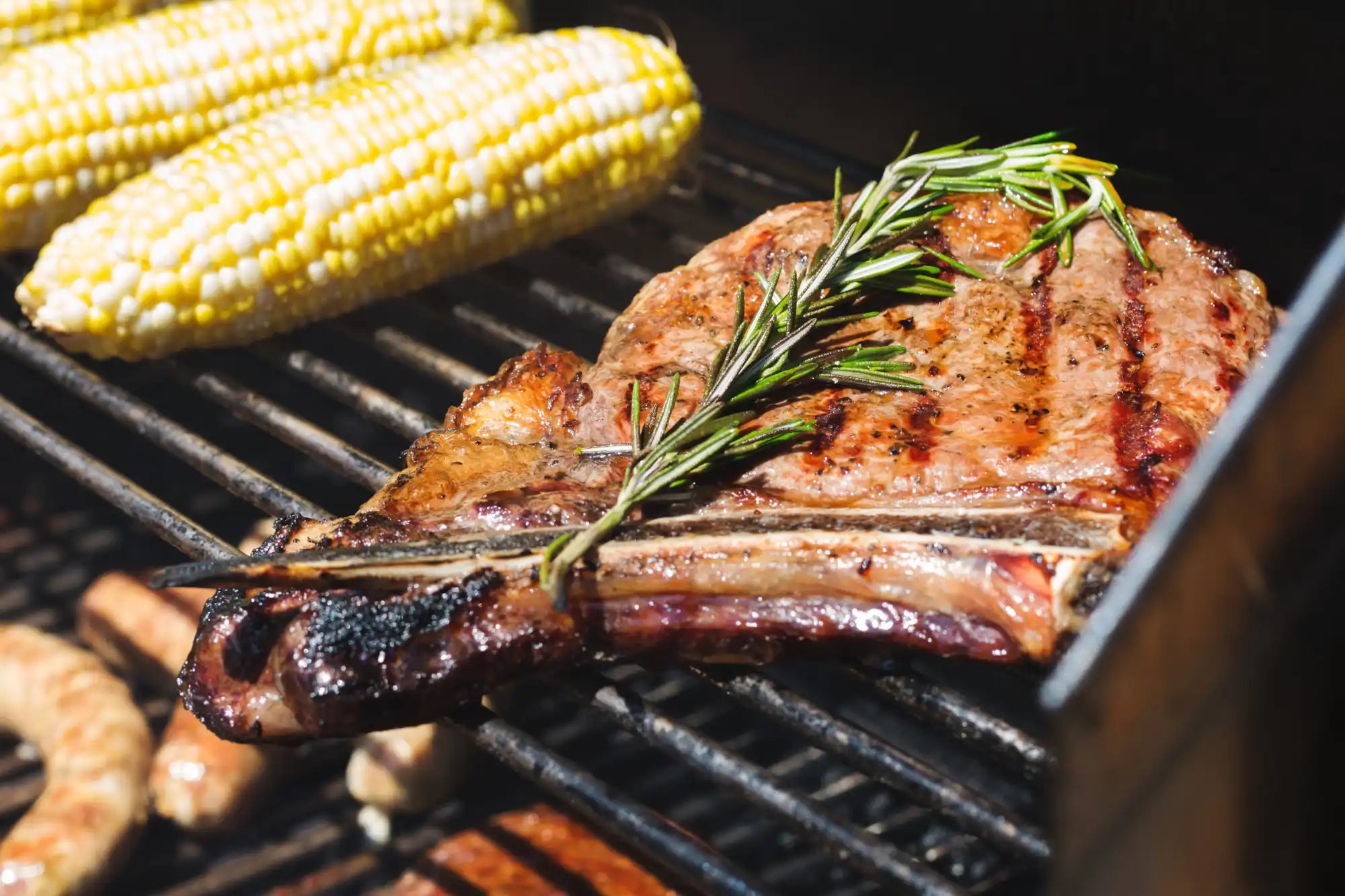 Grilled T-bone steak garnished with fresh rosemary alongside corn on the cob.