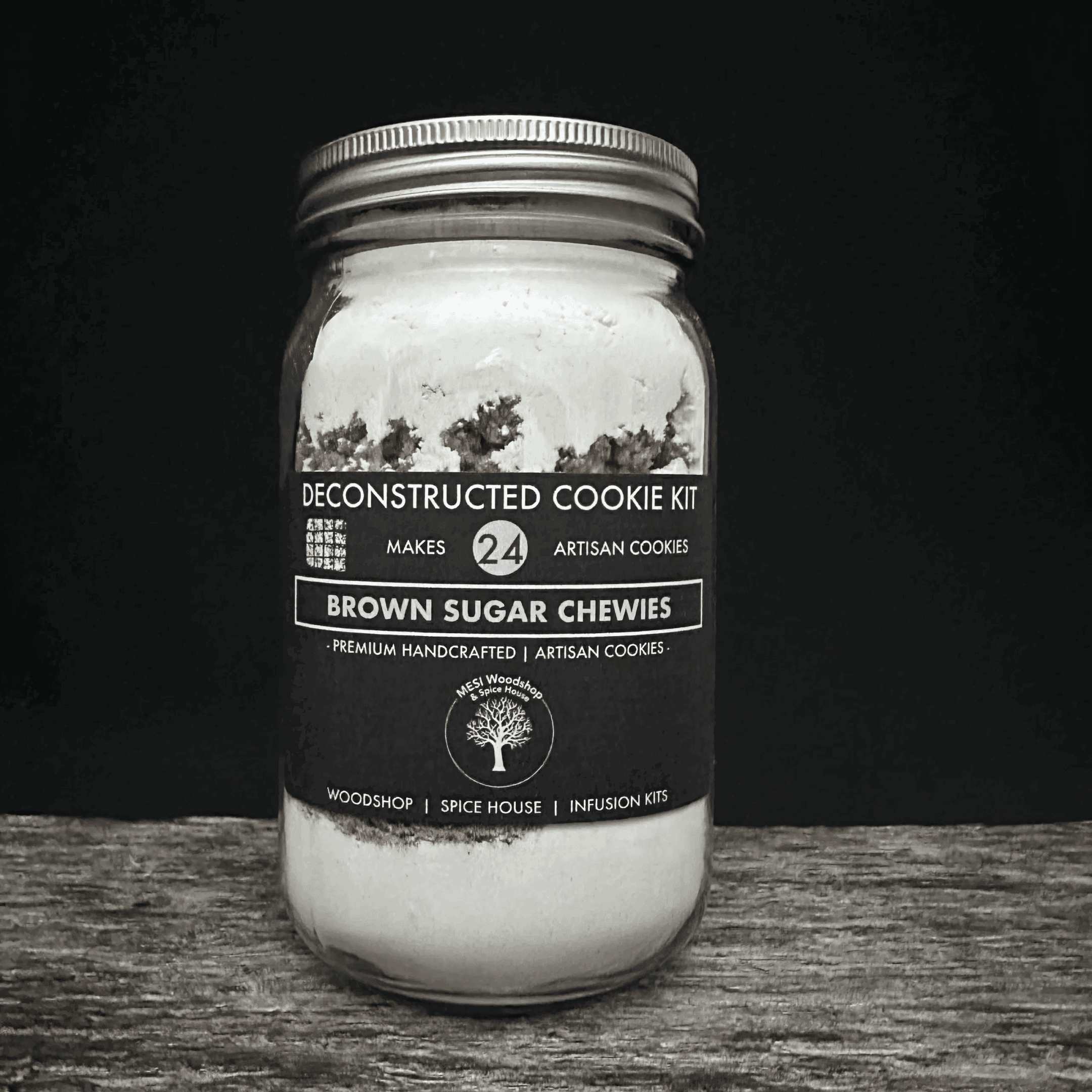 Deconstructed cookie kit jar on table.